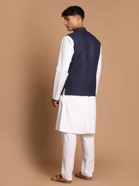 Vastramay Men's Navy Blue Solid Nehru Jacket With White Solid Kurta And White Cotton Pant Style Pyjama Set
